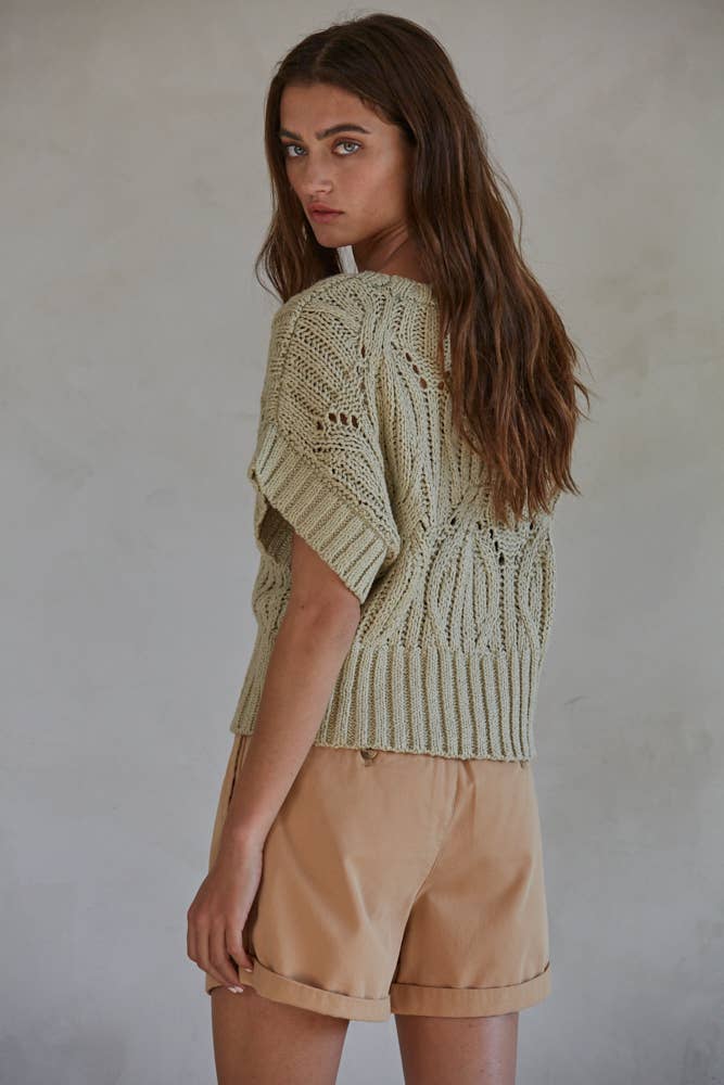 Lily Knit Short Sleeve Sweater : Dusty Sage / Large