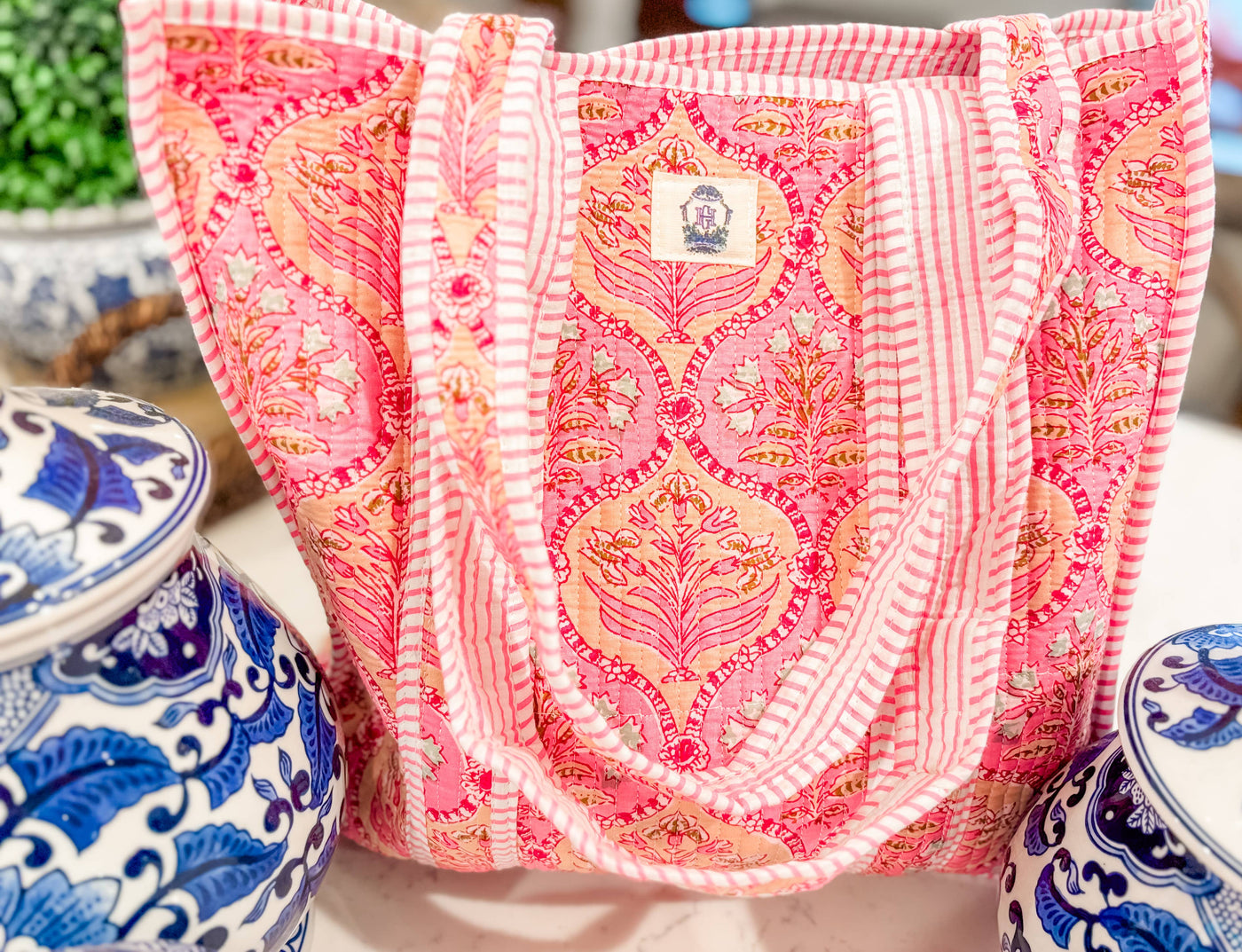 Pink Persian Drop Quilted Tote Bag