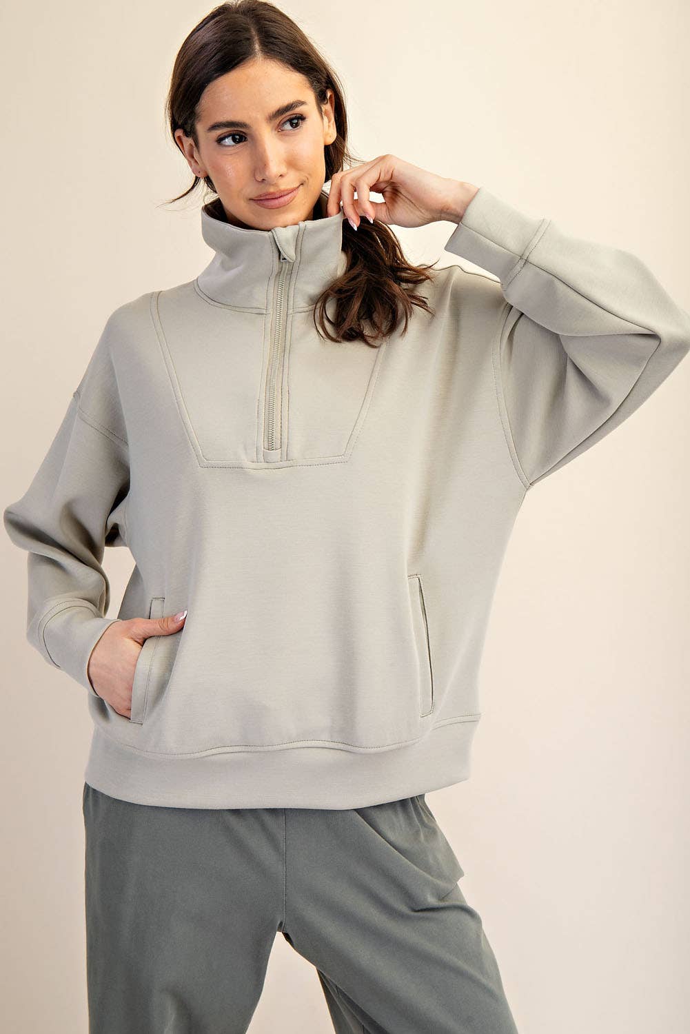 Rae Mode - MODAL SCUBA QUARTER ZIP FUNNEL NECK PULLOVER: Mocha / S-M-L(2-2-2)