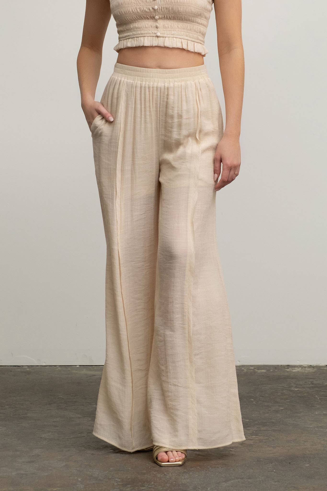 Blu Pepper - HIGH WAIST WIDE LEG PINTUCK PANTS: LIGHT TAUPE