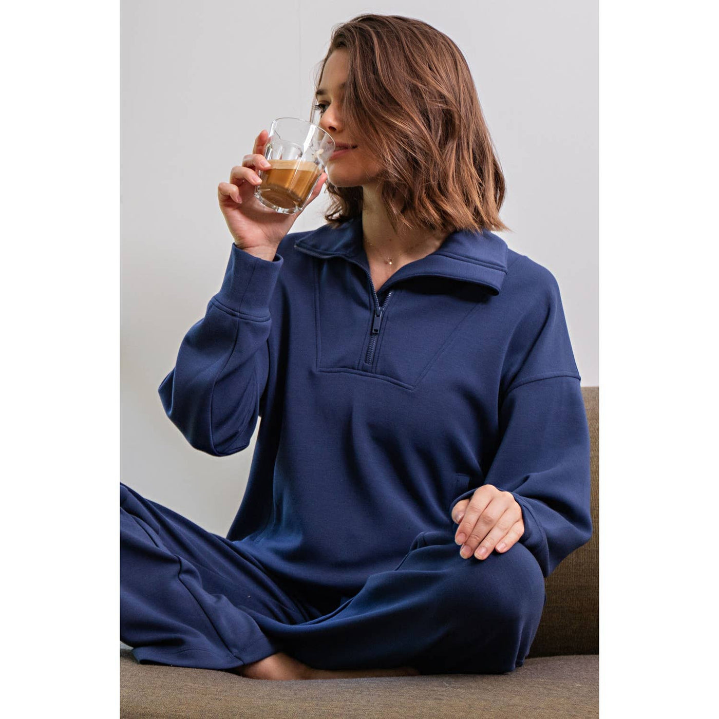 Rae Mode - MODAL SCUBA QUARTER ZIP FUNNEL NECK PULLOVER: Mocha / S-M-L(2-2-2)