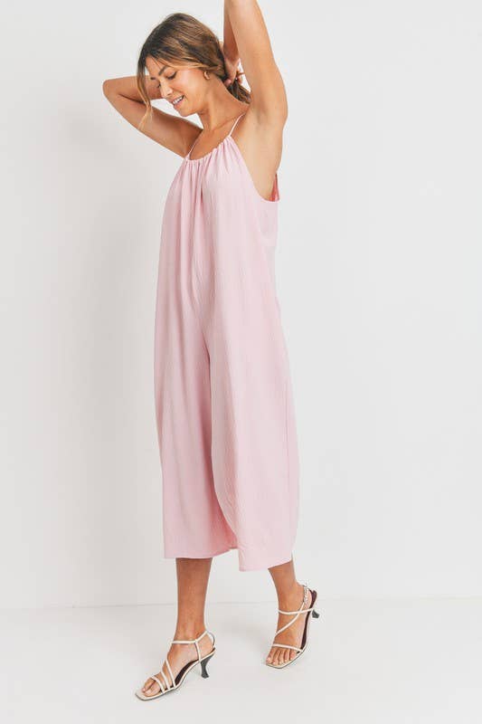 Cherish Apparel - Drawstring Neck Adjustable Strap Woven Jumpsuit: M / Pink