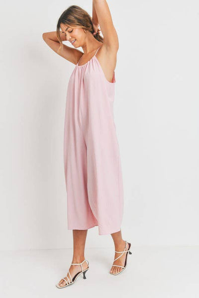 Cherish Apparel - Drawstring Neck Adjustable Strap Woven Jumpsuit: M / Pink