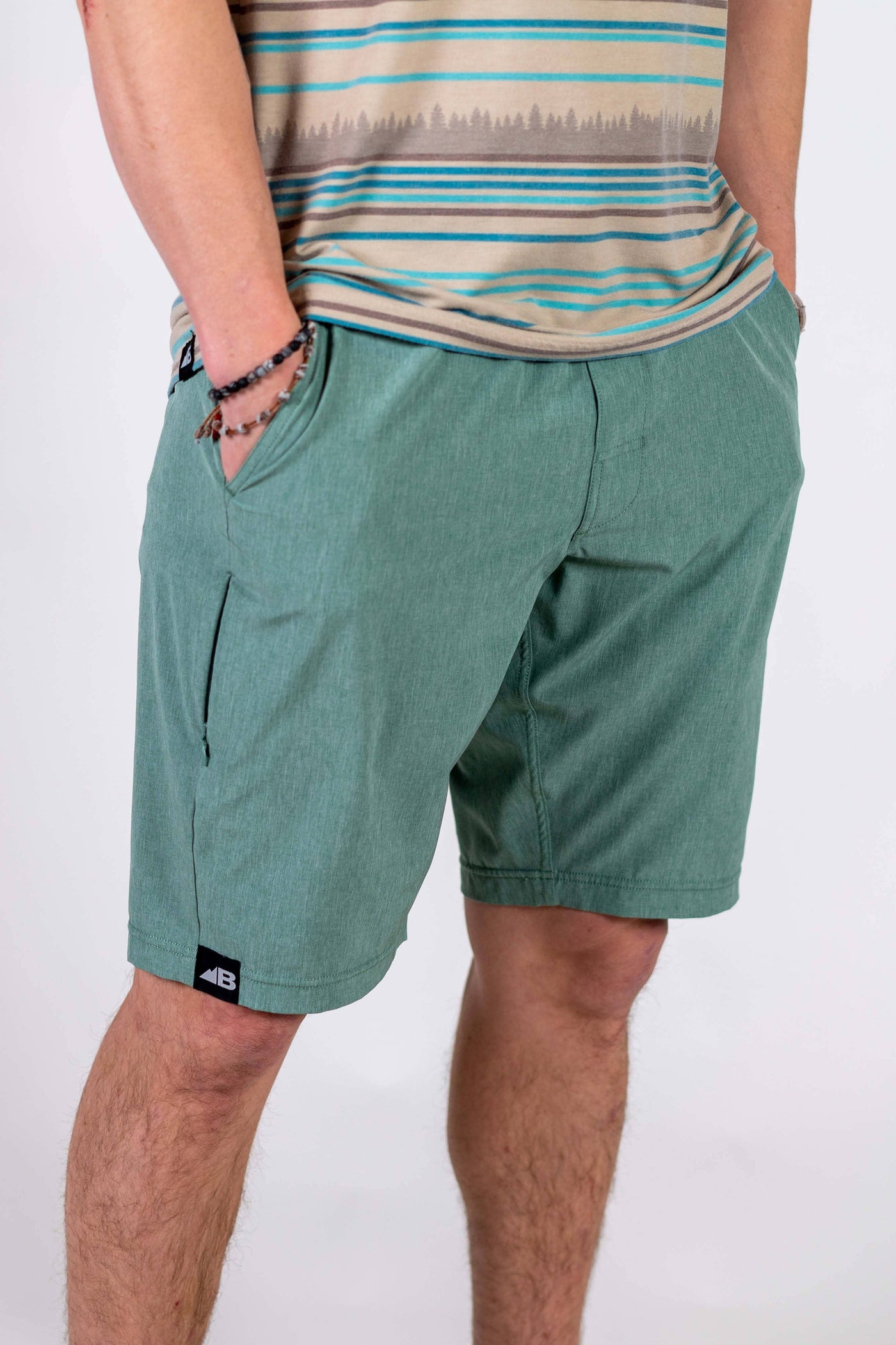 Belong Designs - Men's 10" Rocky Mountain Board Shorts: Tundra Green / Has Drawstring / S (30 Waist)