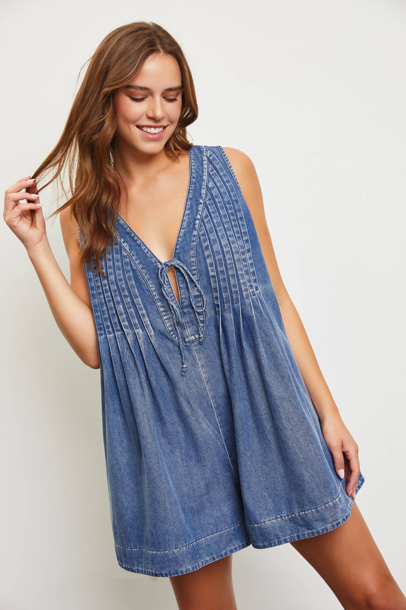 Daisy Romper - TIE WITH PLEATED DENIM ROMPER: S / WASHED DENIM