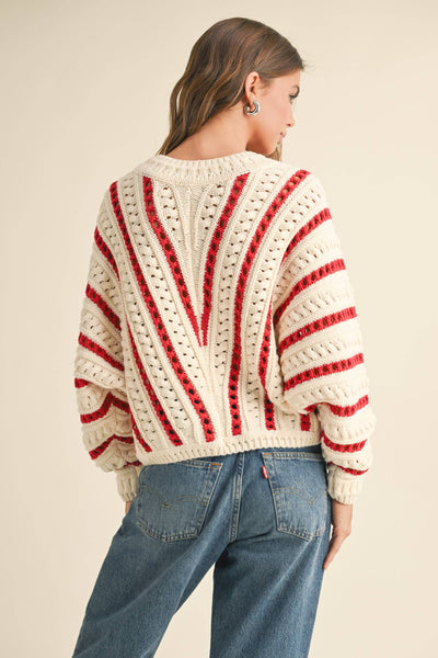 MIOU MUSE - T3945  ROUND NECK BRAIDED DETAIL SWEATER TOP: WHITE/CHARCOAL / S