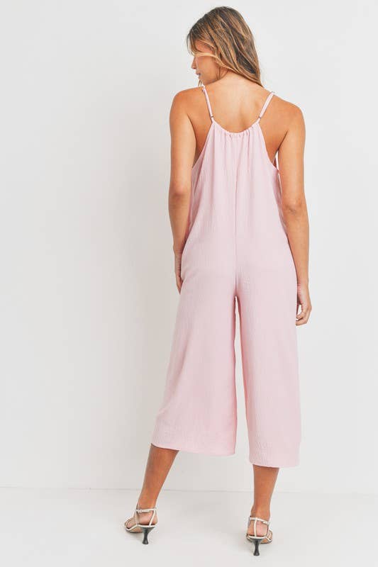 Cherish Apparel - Drawstring Neck Adjustable Strap Woven Jumpsuit: L / Pink