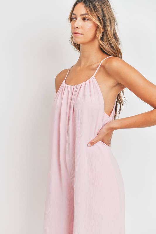 Cherish Apparel - Drawstring Neck Adjustable Strap Woven Jumpsuit: L / Pink