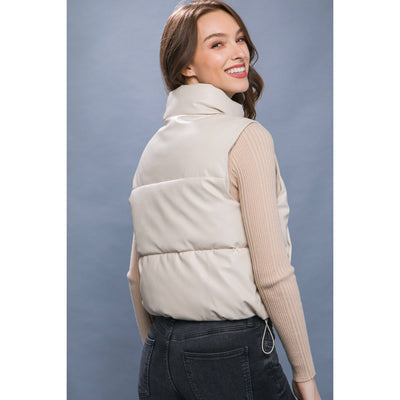 Love Tree : Faux Leather Puffer Vest : CREAM