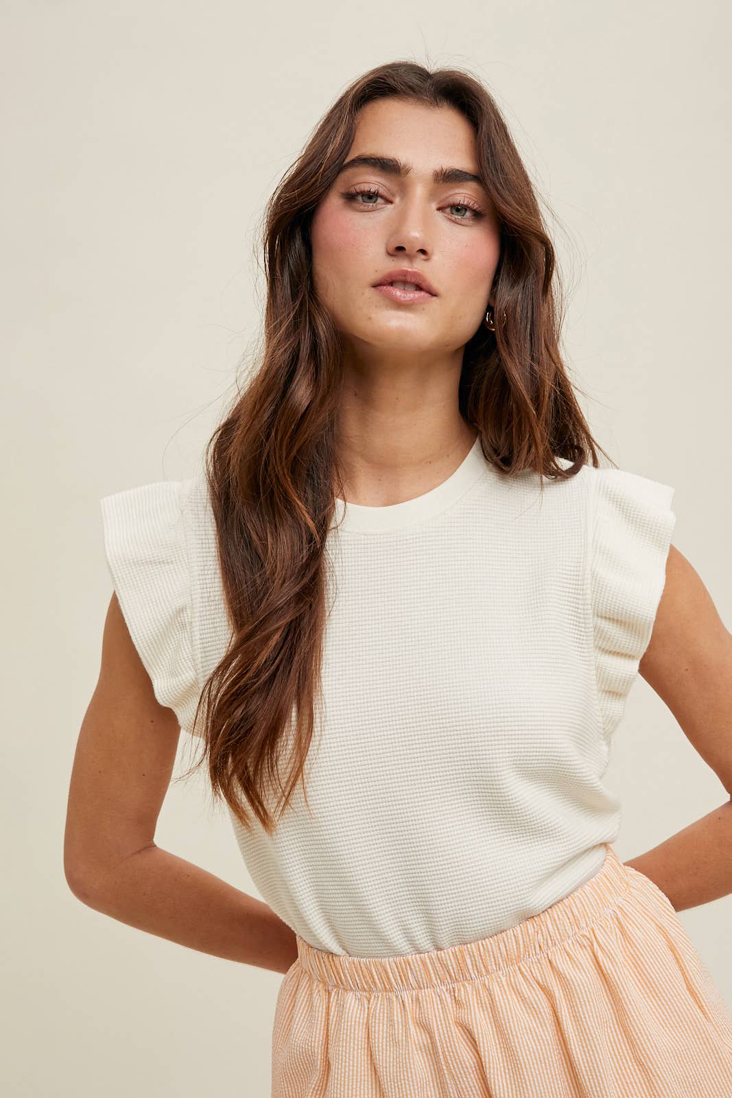 ADA RUFFLE SLEEVE WAFFLE KNIT TOP