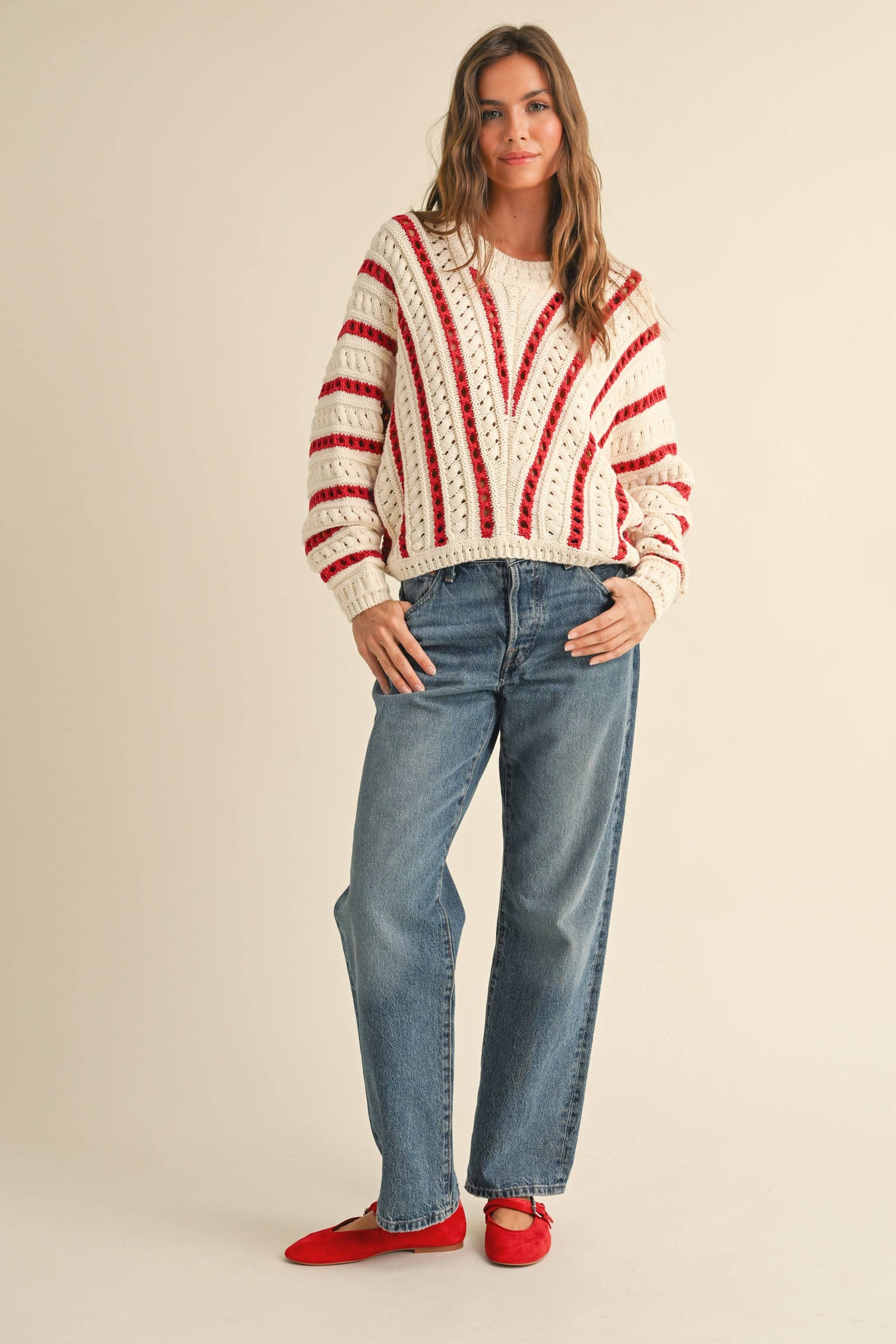 MIOU MUSE - T3945  ROUND NECK BRAIDED DETAIL SWEATER TOP: WHITE/CHARCOAL / S
