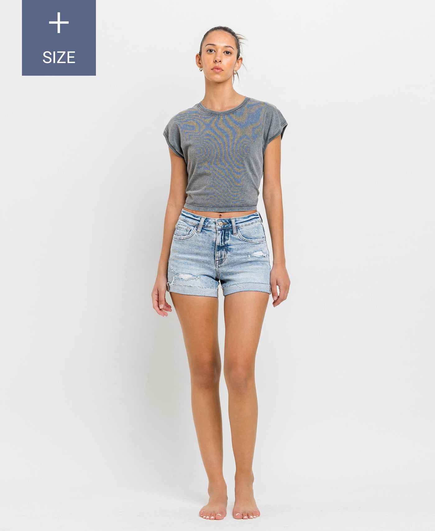 VERVET by FLYING MONKEY - PLUS SIZE HIGH RISE SINGLE CUFF DENIM SHORTS 
 T6382-P: BLU BAY / 1X