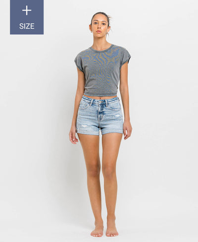 VERVET by FLYING MONKEY - PLUS SIZE HIGH RISE SINGLE CUFF DENIM SHORTS 
 T6382-P: BLU BAY / 1X