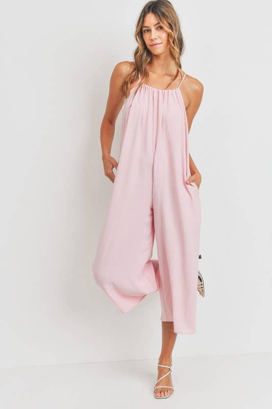 Cherish Apparel - Drawstring Neck Adjustable Strap Woven Jumpsuit: L / Pink