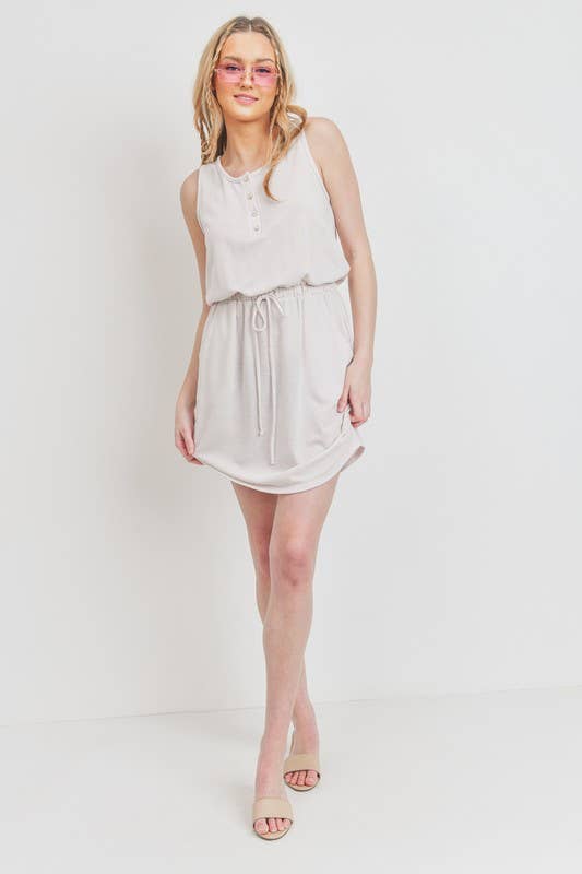 Cherish Apparel - Henley Style French Terry Dress: L / Beige