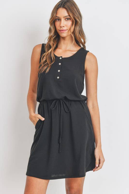 Cherish Apparel -  Henley Style French Terry Dress: M / Black